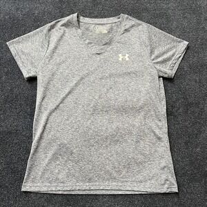 Under Armour Shirt Womens XL Gray HeatGear V Neck Short Sleeve Athletic Workout
